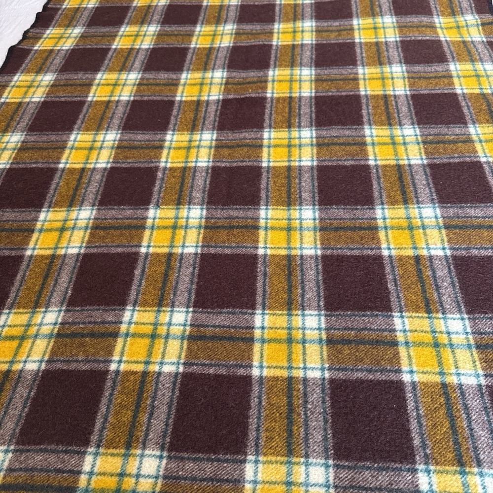 MCM Plaid Wool Picnic Lap Blanket Throw Mid Century Retro 55x40" Brown Yellow